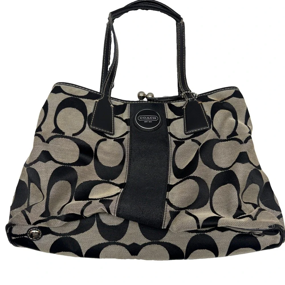 Coach Signature Logo Satchel Kiss Lock Closure Black Beige Tag Designer